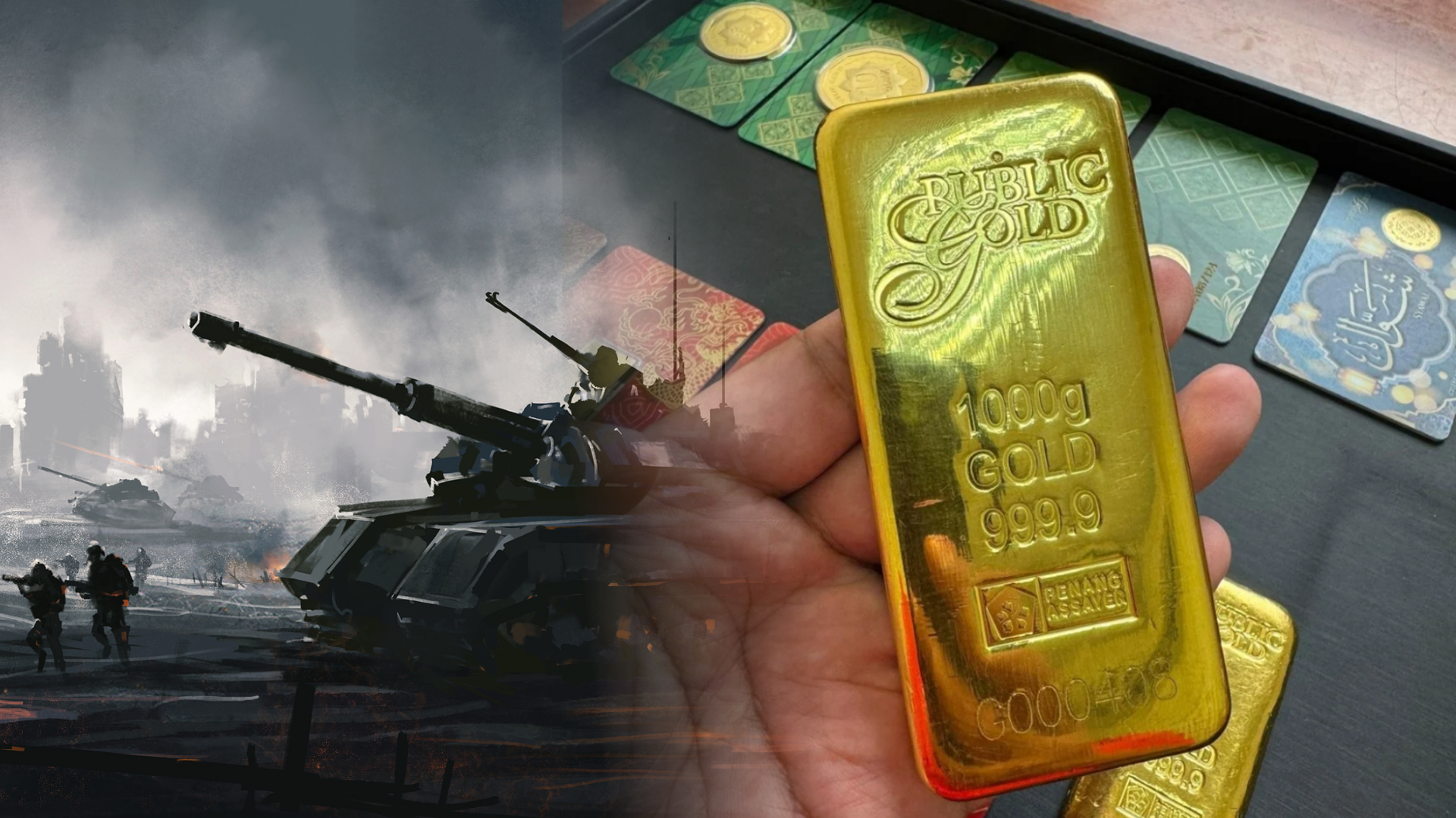 Gambaran Peperangan dan Jongkong Emas 1 Kilogram Jenama Public Gold